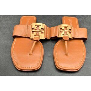 TORY BURCH Women Georgie Gold Logo Leather Sandals‎ Sz 8.5